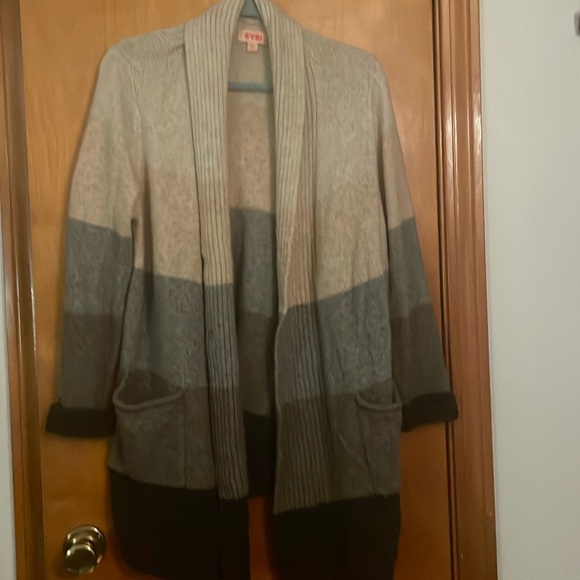 Warm open long striped cardigan withh taupe gray brown and black wide stripes - Picture 1 of 5